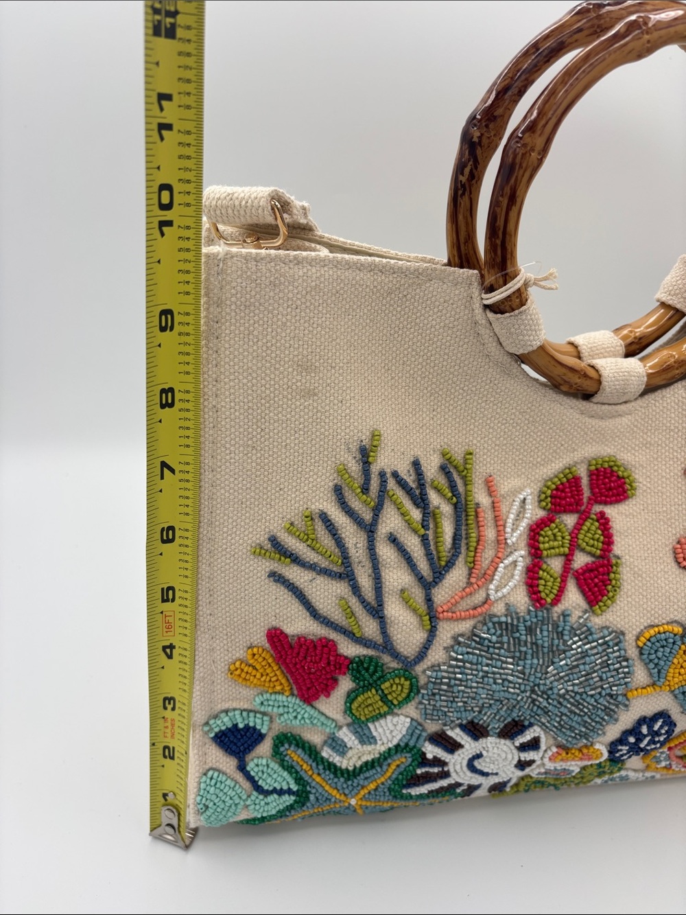 Sol and Mer Beaded Seahorse Canvas Tote with Bamboo Handles - Natural - Picture 9 of 12